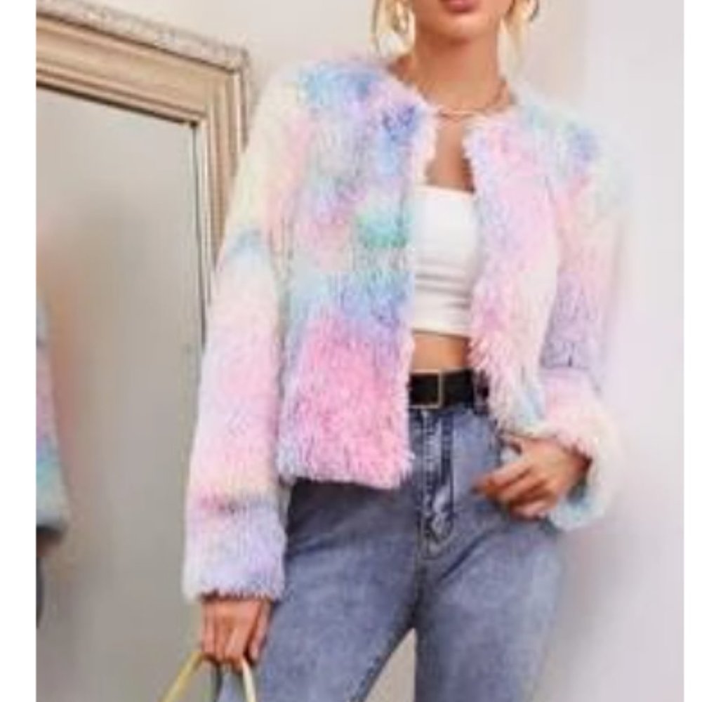Open Front Tie Dye Faux Fur Coat